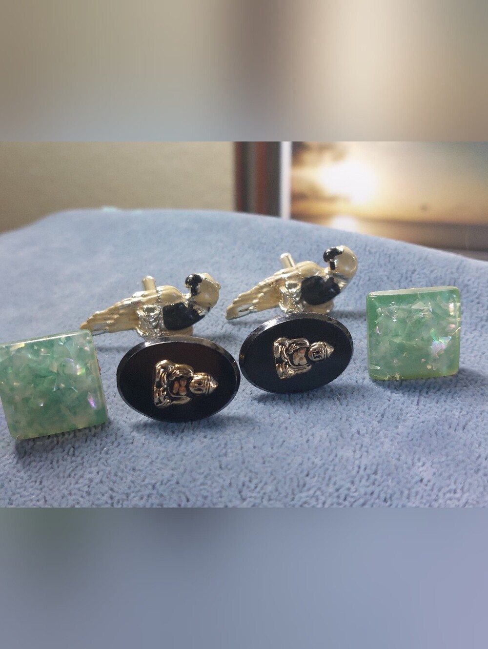 Vintage Cufflink Lot of 3 - Enamel Parrot Birds, Buddha Statues & Green Lucit